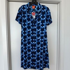 "Smile" brand Marimekko-like print casual blue button down dress, XS